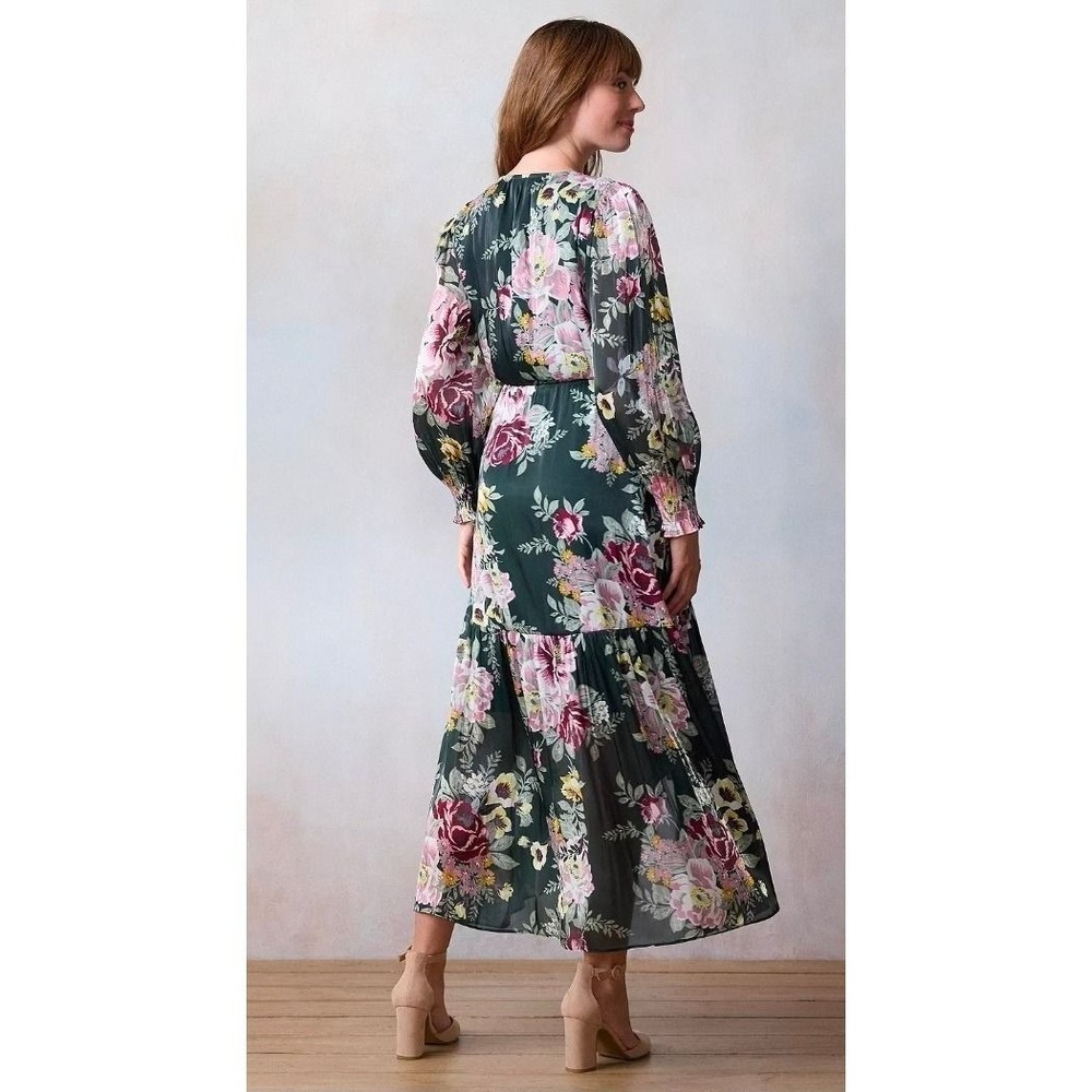 LC Lauren Conrad Floral Wrap Maxi Dress Green Pink Long Sleeve Smocked M - Picture 2 of 6